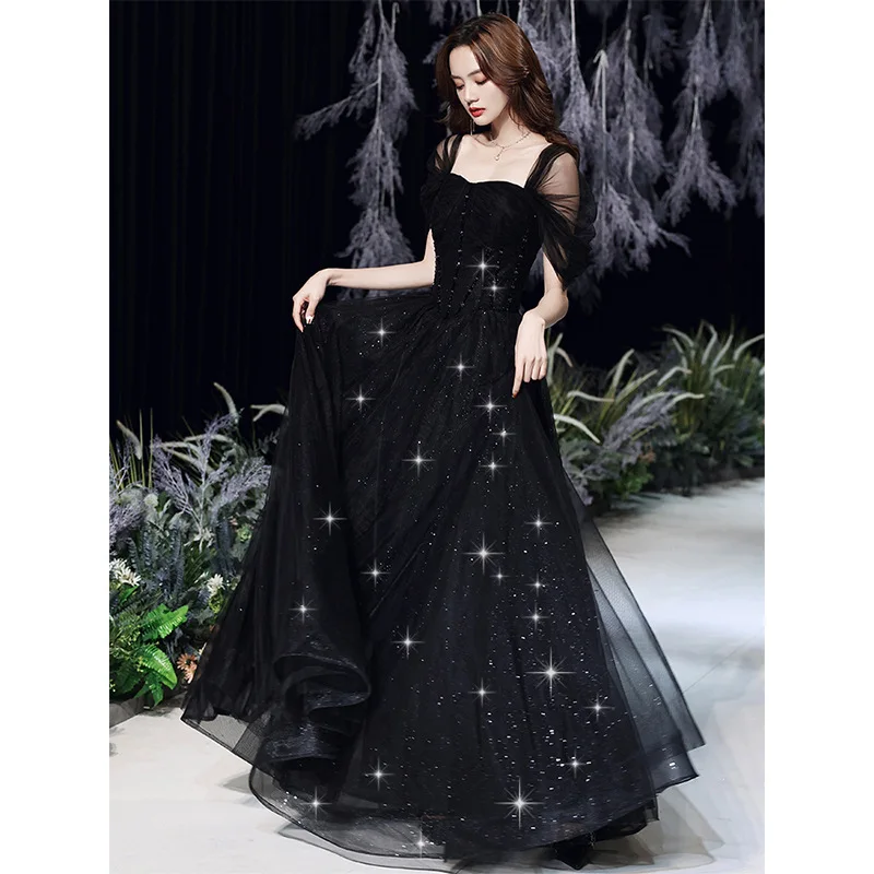 

Black Square Collar Prom Party Dresses For Women Tulle Sleeve Shining Floor-Length Pageant Gown Back Bandage Slim Banquet Gown