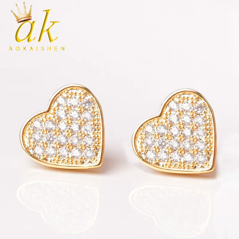 14MM Width Heart-shaped Gold Color Stud Earring For Men Women Full Cubic Zircon Screw Back Earrings Fashion Hip Hop Jewelry Gift