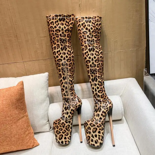 Corssdresser Leopard Print Motorcycle Botas Mujer Over-the-knee Long Boots Platform Shoes Woman 20cm Thin Heels Party 22cm Pumps