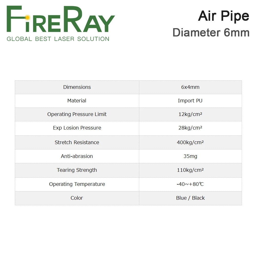 Fireray Air Pipe Air Hose Outer Diameter 6mm 6x4mm PU Tube for Air Compressor CO2 Laser Engraving Cutting Machine