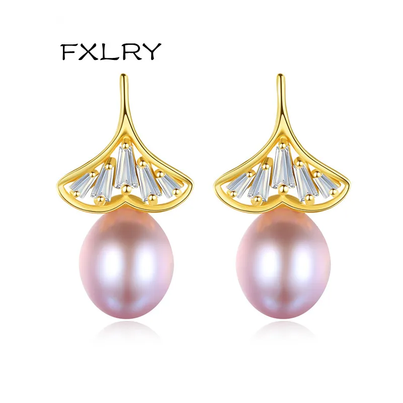 

FXLRY New Arrivals Micro-inlaid Zircon Ginkgo Leaves Drop Earrings For Women Wedding Natural Pearl Dating Jewelry