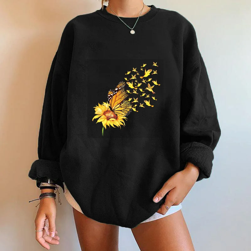 

Seeyoushy Sunflower Butterfly Printing Women Sweatshirt Harajuku Oversized Sweatshirt Streetwear Long Sleeve Drop Shoulder Tops