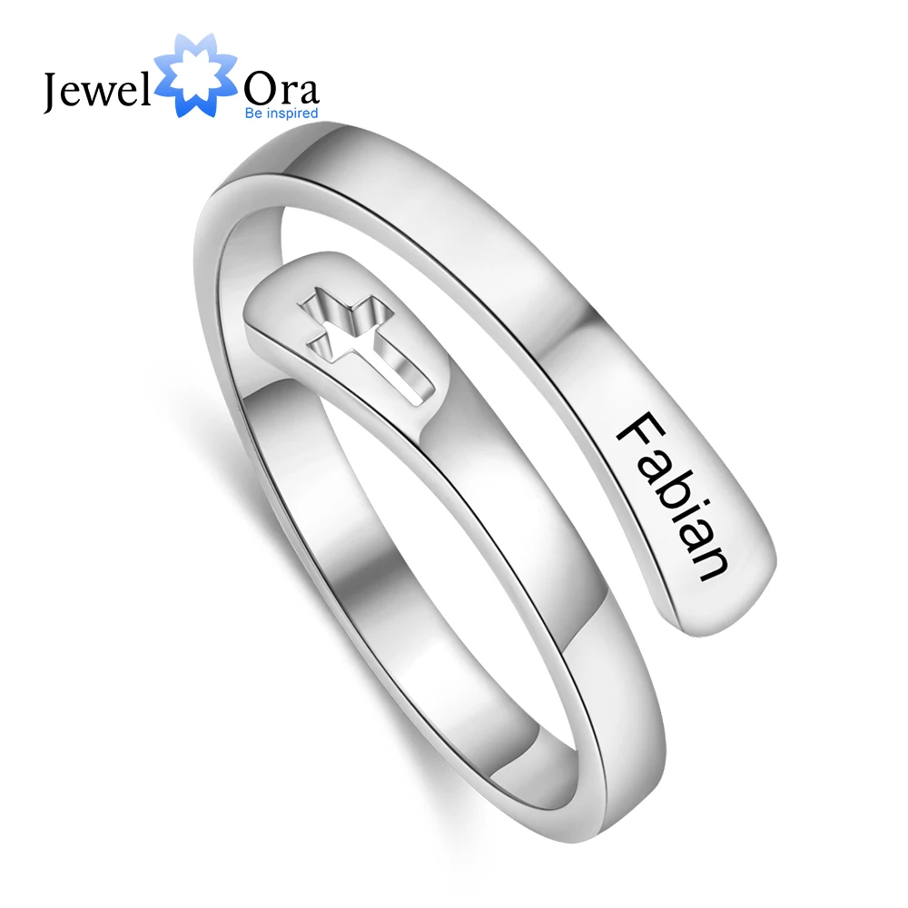 Customized Wrap Name Ring with Cross Resizable Stainless Steel Engraved Rings for Women Personalized Gift Jewelry (RI104061)