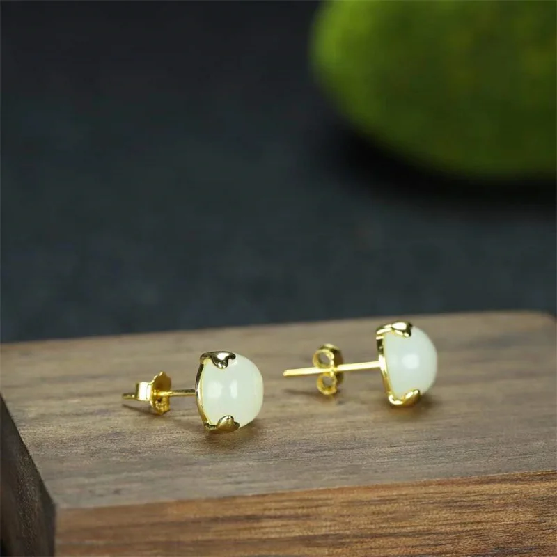 Hot Selling Natural Hand-carved 925 Silver Gufajin Inlaid  White Jade Earrings Studs Fashion Jewelry Women Luck Gifts