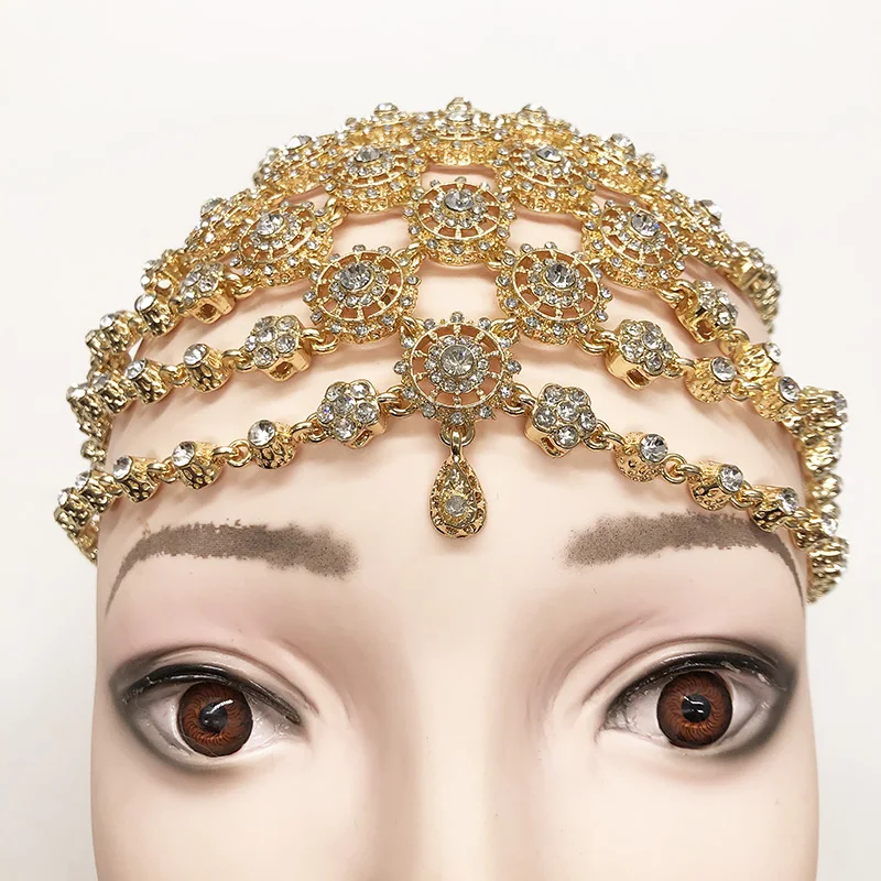 Arabic Handmade Jewelry Bridal Hair Accessories Women Golden Color Headpiece Accessories Big Size Head Chain Jewels