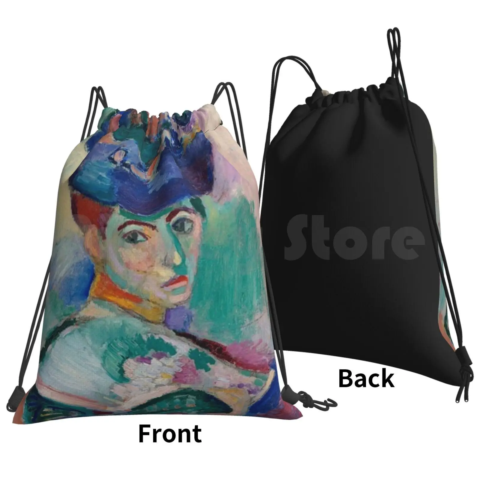 Woman With A Hat-Henri Matisse Backpack Drawstring Bag Riding Climbing Gym Bag  Woman With A Hat Henri Matisse Amelie Collage