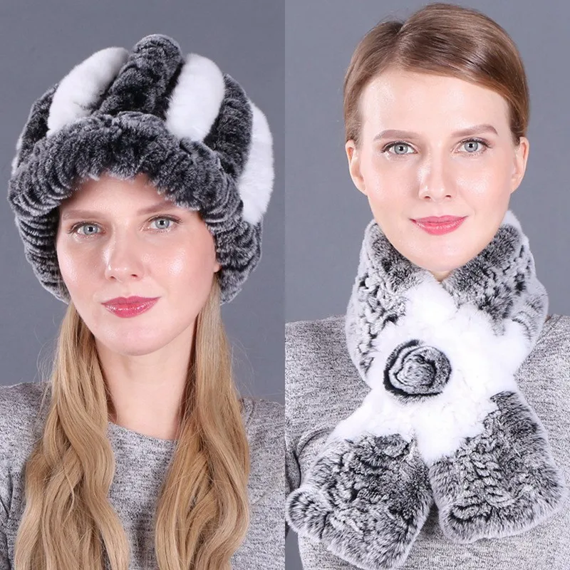 Genuine Knitted Rex Rabbit Fur Visor Hat with Scarf Sets Winter Fashion Ear Protector Headgear Neckring  LF21010QX