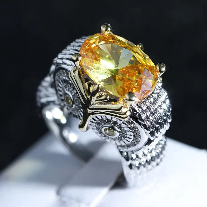 Fashion Yellow Crystal Citrine Gemstones Diamonds Unique Owl Rings for Women White Gold Silver Color Jewelry Trendy Accessories