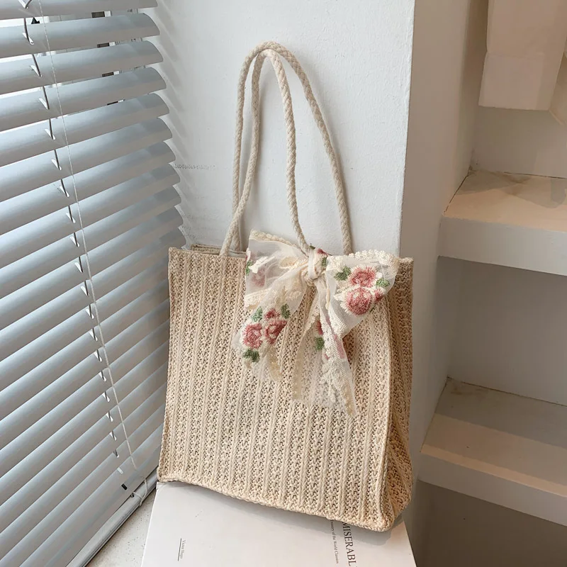 Casual Bow-knot Straw Bag Summer Fashion Ladies Shoulder Bag Tote Bag Thick Rope Shoulder Strap Woven Shopping Bag Small Handbag