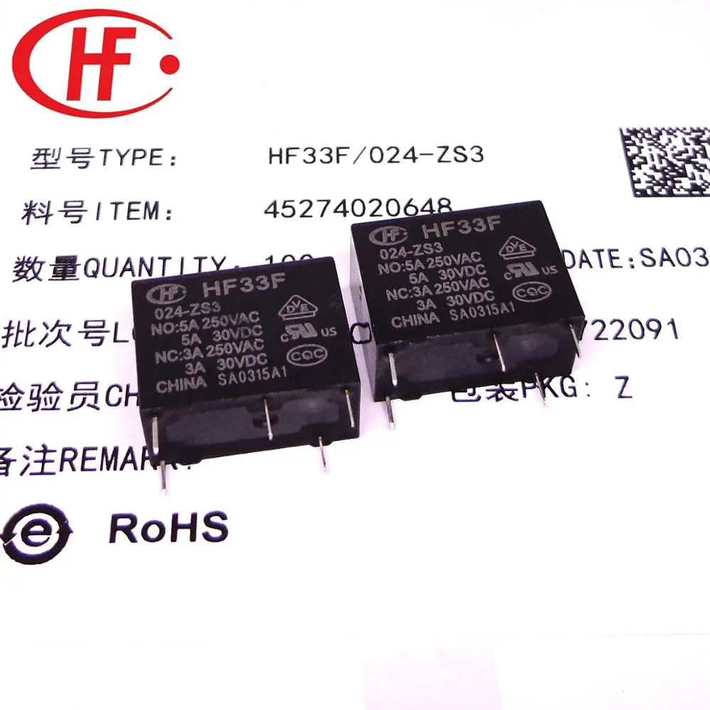 Imagem -02 - Relé Hf33f 005 012 024-zs3 5v 12v 24v 5pin 100 Unidades Caixa Original Novo