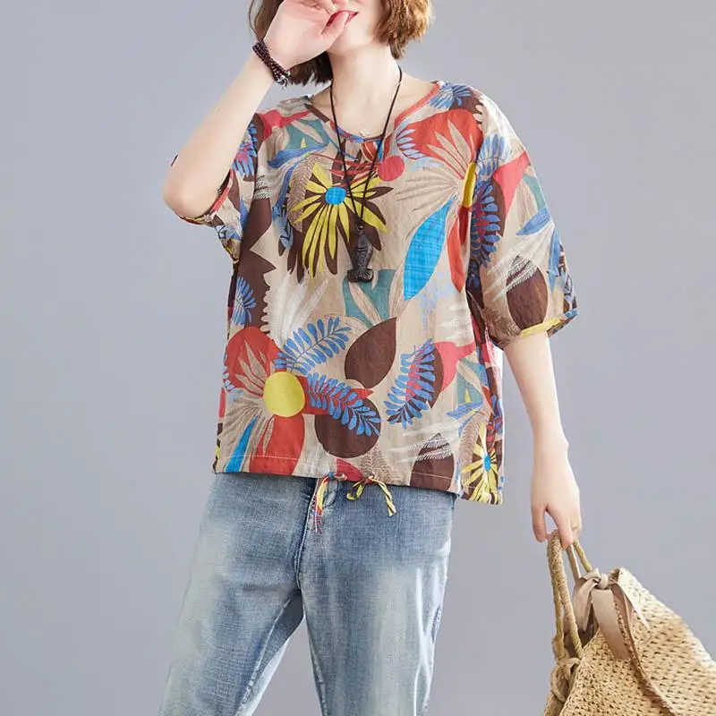 Oversized Cotton Linen T Shirt Summer Women Floral Print Tshirt Casual V Neck Tops T-Shirt Femme Vintage Tee Shirts 2022