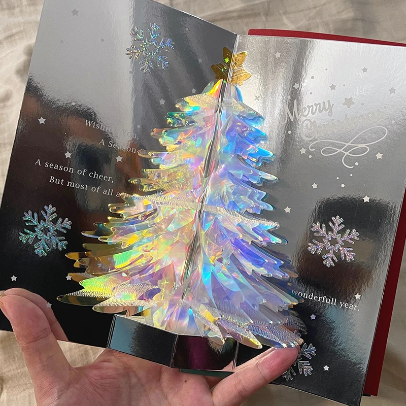 3D Shining Bling Christmas Tree Pop Up Greeting Cards With Envelope Blessing Message Postcard For Xmas New Year Gifts