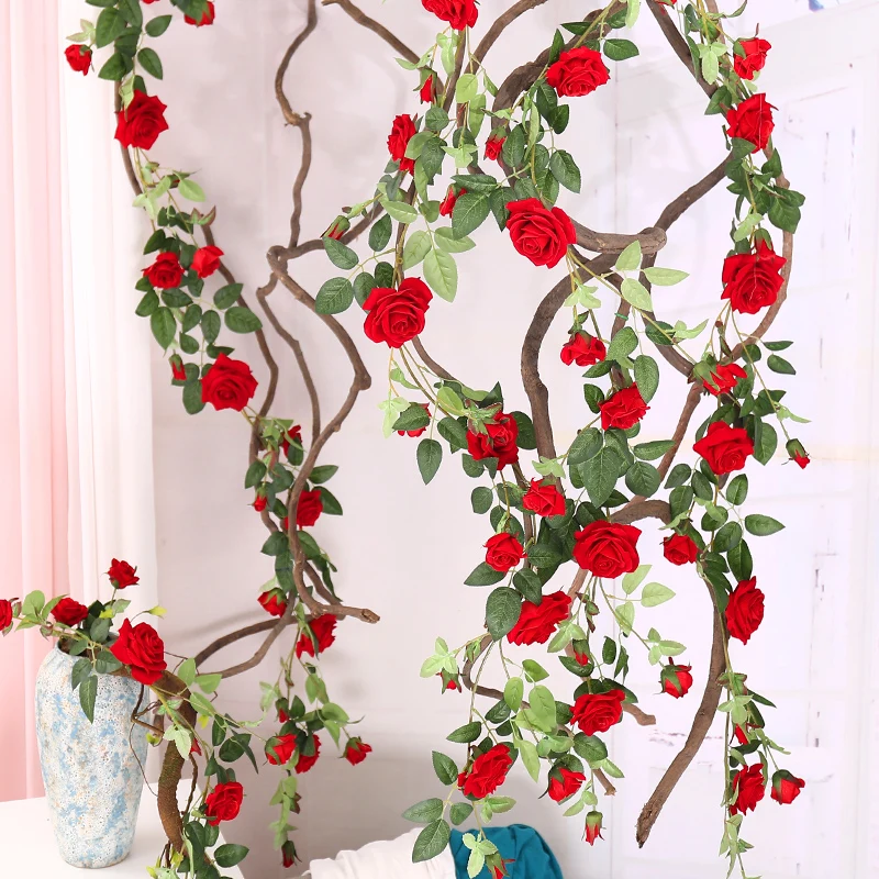 

175cm Roses Artificial Flannel Flowers High Quality Wall Hanging Vine Silk Plants Rattan Garland Wedding Home Party Garden Decor