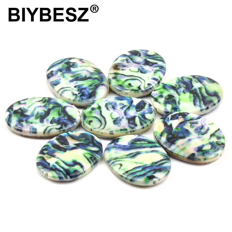 Green Printed Pattern Charm Stone Beads Oval Shape Loose Spacer Shell Beads for Jewelry Making 10pcs DIY Charm Bracelet Necklace