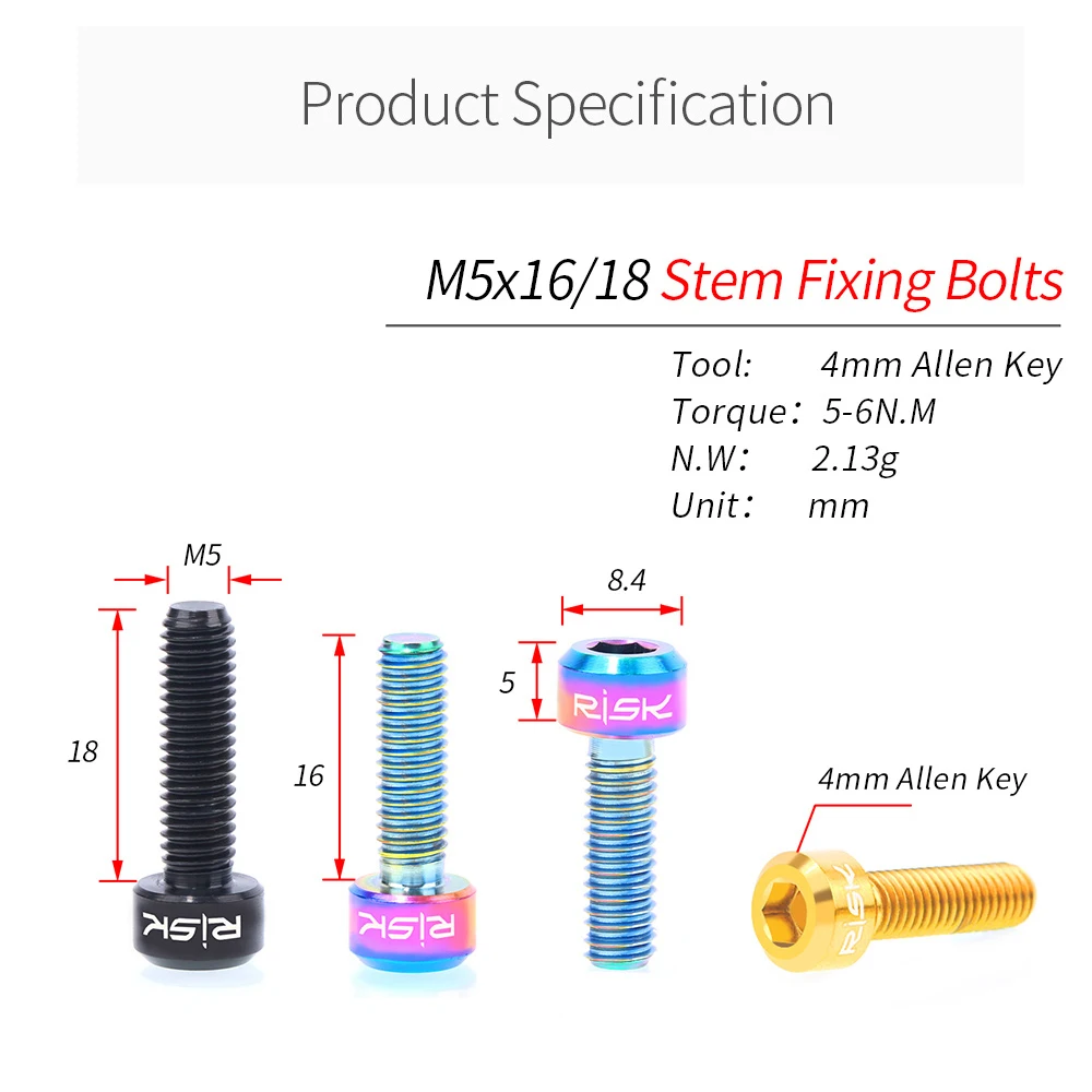 RISK 6pcs/box Road MTB Bike Bicycle Titanium M5x16/18 Handlebar Stem Fixing Bolts Screw For Front Back Derailleur Seatpost Clamp