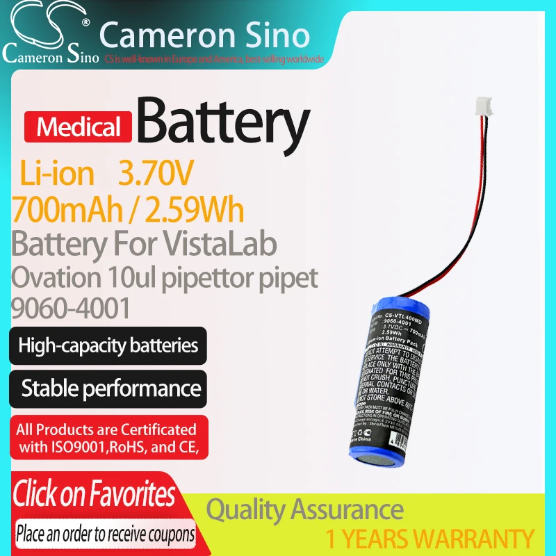 CameronSino Battery for VistaLab Ovation 10ul pipettor pipet fits 9060-4001 Medical Replacement battery 700mAh/2.59Wh 3.70V Blue