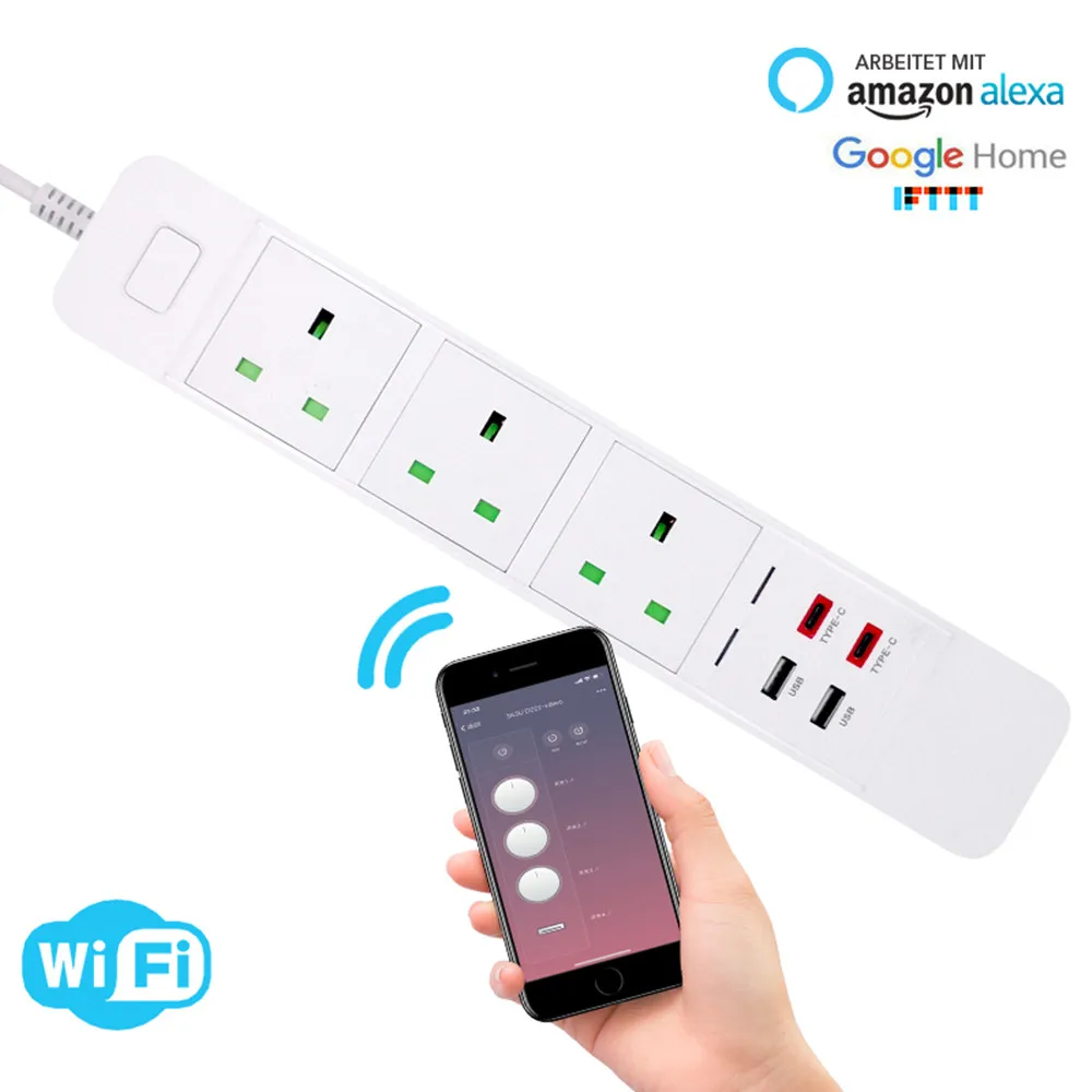 Wifi 3 UK Smart Power Strip 3 Outlets Socket 2 USB 2 Type-c 3.0A Quick Charge Voice Control for Alexa Google Assistant