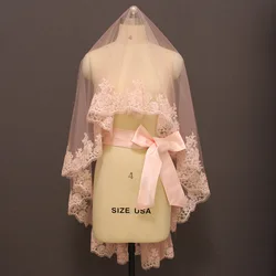 Pink Duvak ve Kusak Lace Wedding Veil Beautiful 1 Layer Short Pink Bridal without Comb Wedding Accessories