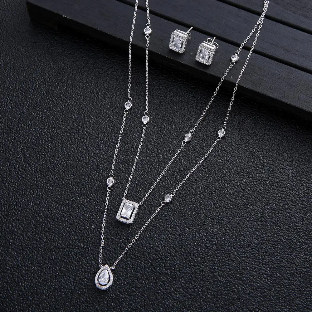 Wedding Double-deck Necklace Earrings Bangle Ring For Women Full Cubic Zirconia Bridal Jewelry Sets Pendientes Mujer Moda D13081