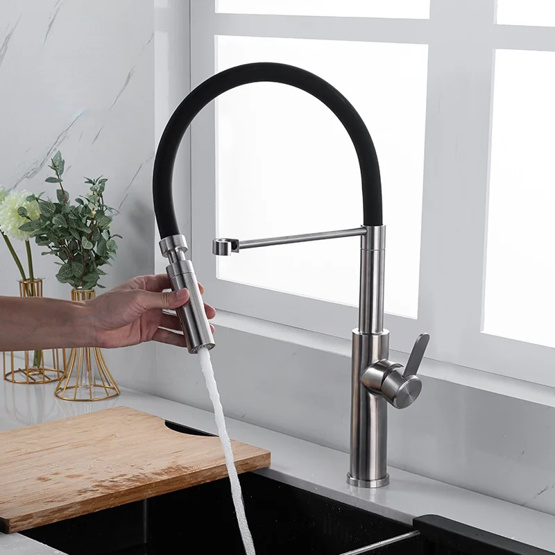 304Brushed Stainless Steel Universal Rotating Kitchen Faucet Black Hose Silicone Pull Hot and Cold Water Tank Faucet Sink Faucet