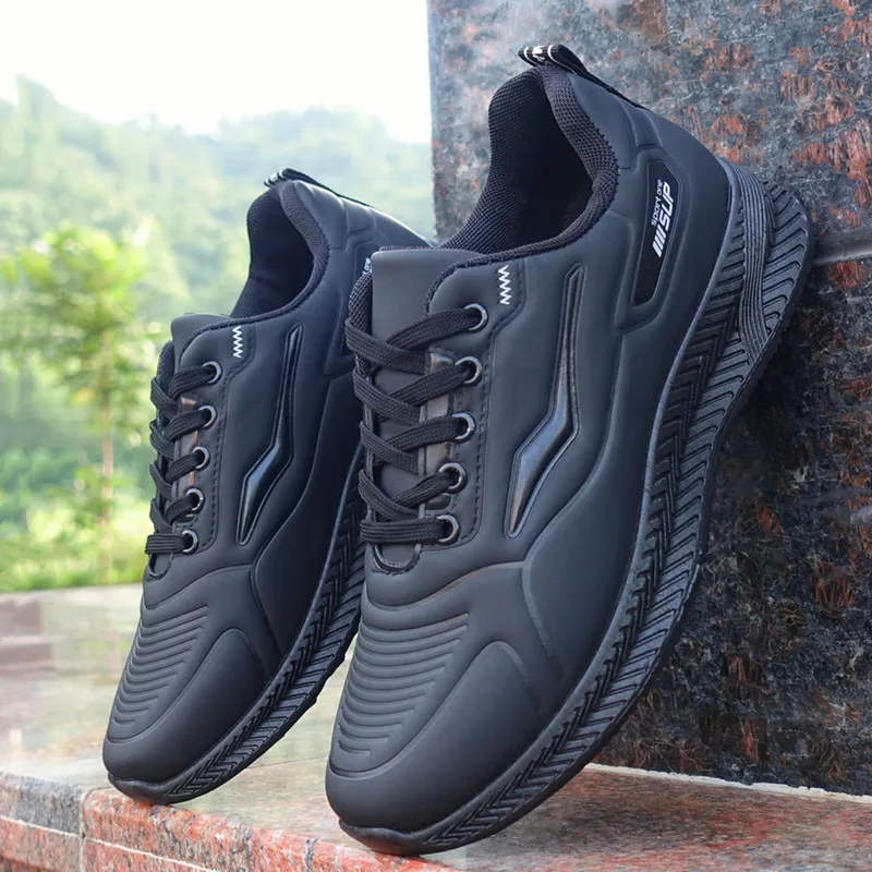 Spring Autumn Sneakers Leather Waterproof Sports Shoes Men\'s Casual Shoes Thick Rubber Soles Wear-resistant Black Work Shoes