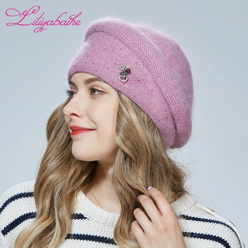 Liliyabaihe Winter Women hats Angora hat Diamond Sequins decoration Sponge three-dimensional fashion shape