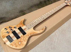 Left Handed 5 Strings Neck-thru-body Electric Bass Guitar with Bark Grain Veneer,Maple Fretboard,24 Frets