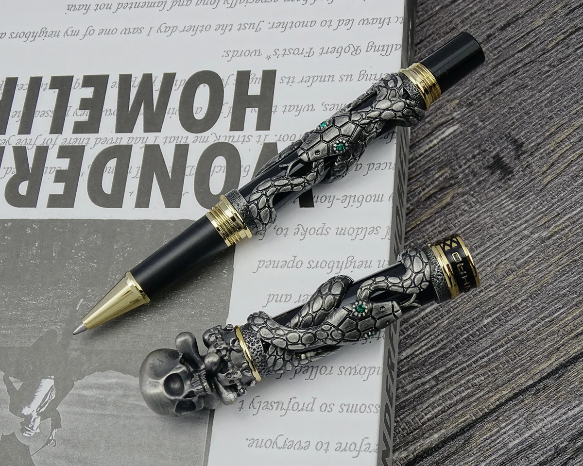 Jinhao Metal Vintage Rollerball Pen Skull Skeleton Unique Pen Cap Fine Point 0.5mm Heavy Collection Ancient Gray Office Gift Pen