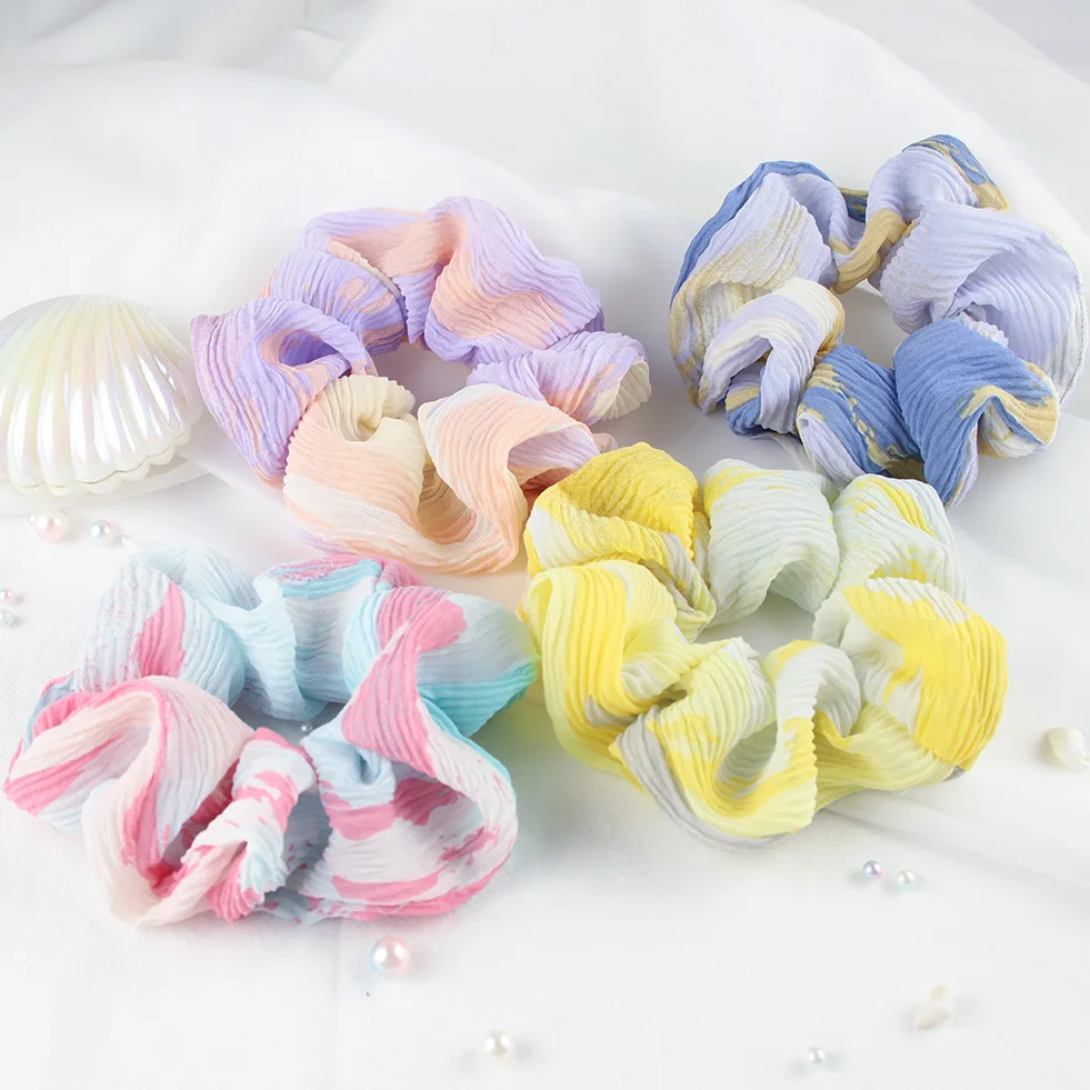 Summer Chiffon Pleated Dyed Large Scrunchies Elastic Rubber Hair Band Women Girls Fold Ponytail Holder Haadband Hair Accessories