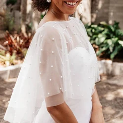 Lady Wedding Bridal Beaded Pearl Cape Evening Prom Party Tulle Sheer Women Ivory Shawl 2 Layers Elegant Soft Formal Shrug