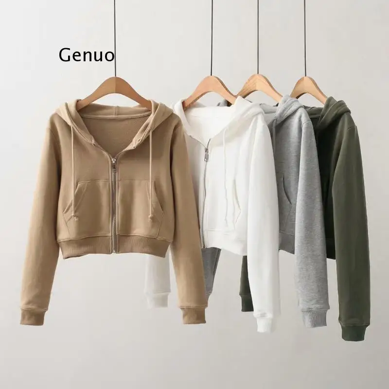 Girls Slim Short Cotton Hoodies 2021 Spring-Autumn Fashion Ladies Bomb Hooded Outerwear Vintage Women Chic