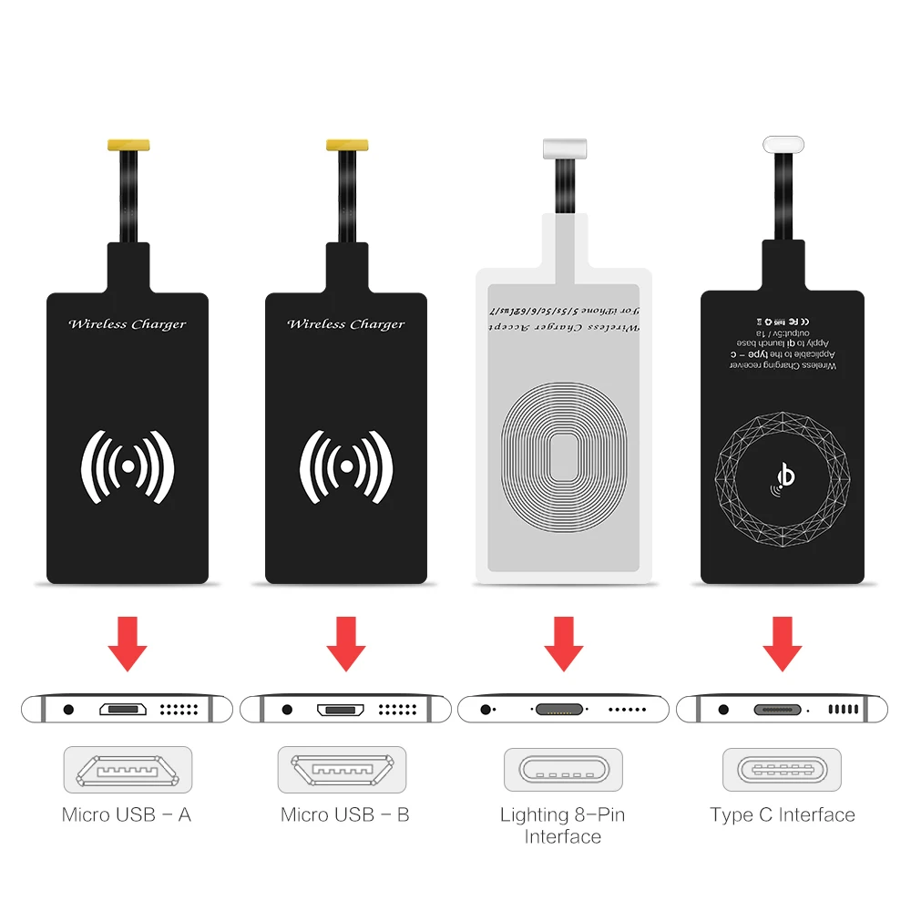 Raxfly Qi Wireless Charging Receiver For iPhone For Samsung Huawei For Android Micro USB Type C Fast Wireless Charger Adapter