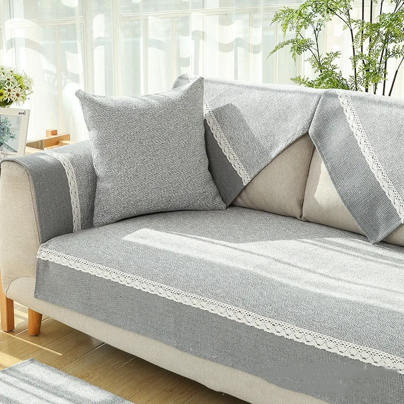 High Quality Solid Color Sofa Cover Sofa Towel Cushion Cotton Linen Grey Slipcovers With Lace Decor Sofa Covers For Living Rooms