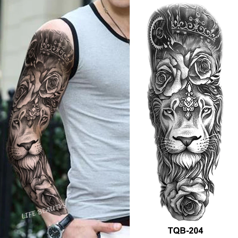 Large Arm Sleeve Lion Crown King Rose Waterproof Temporary Tattoo Sticker Fashion Wild Wolf Tiger Men Full Skull Totem Women