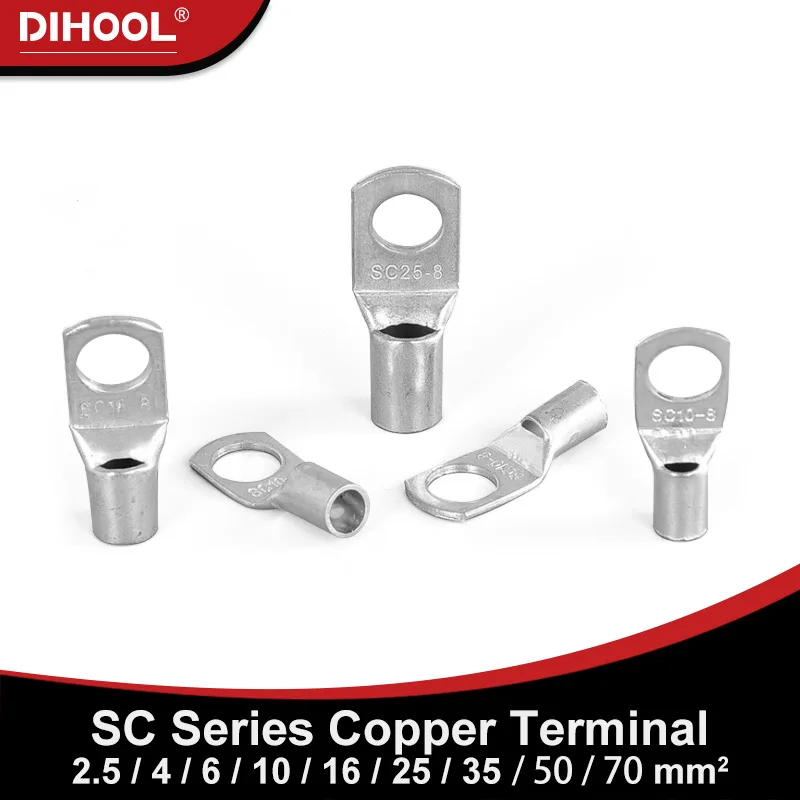 SC Tinned Bare Copper Crimp Terminals SC-2.5/4/6/10/16/25/35/50/70 Ring Type Wire Nose Terminal Cable Electric Connector Lug Kit