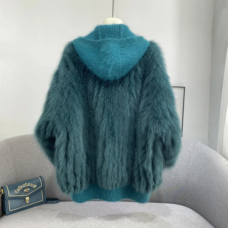 Knitted Hood Real Fox Fur Coats Women Fashion Fur Jacket 2024 Women Genuine Fox Fur Coat for Winter Fur Stripe Sewed Together