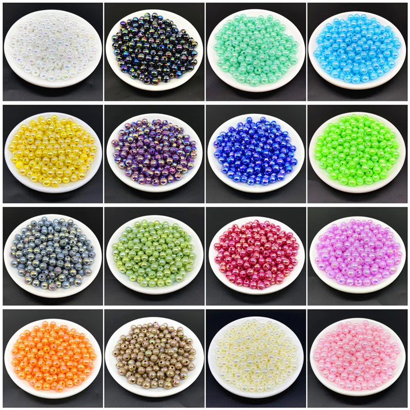 6 8 10mm AB Color Plating Acrylic Beads Loose Spacer Round  Jewelry Making DIY