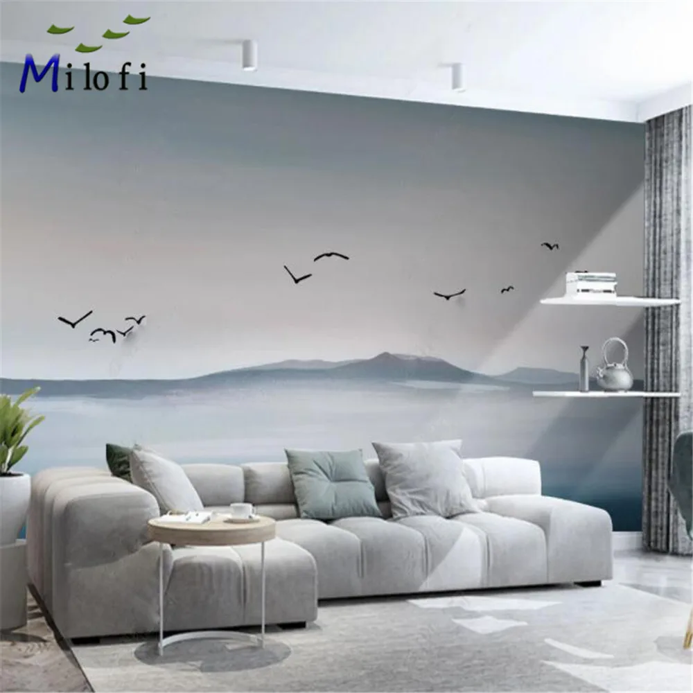 

Milofi wallpaper mural Nordic modern abstract hand-painted art oil painting seaside scenery living room TV background wall