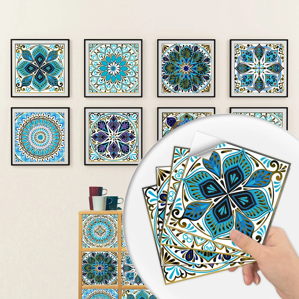 Traumblauer Wandaufkleber im Mandala-Stil mit mattierter Oberfläche, rutschfeste Fliesen-Dekorationsfolie für Fliesen/Boden in Küche, Badezimmer, Kunstwandbild – Detail 8