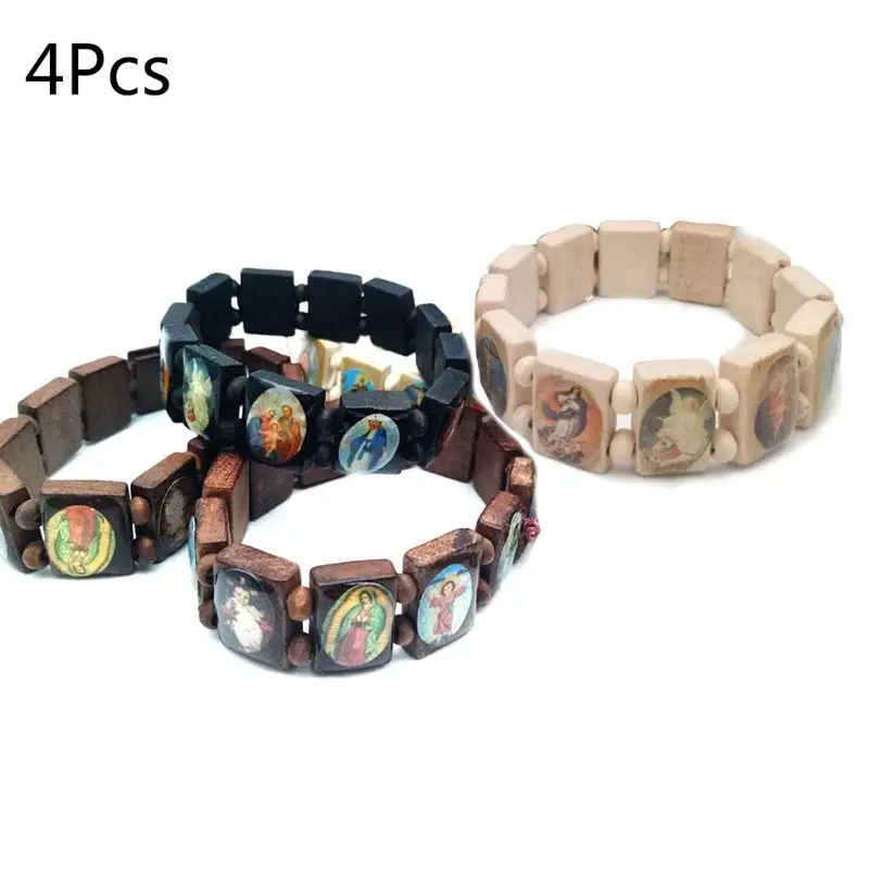 4pc Catholic Jewelry Christian Supplies Wooden Elastic Bead Bracelet Gift