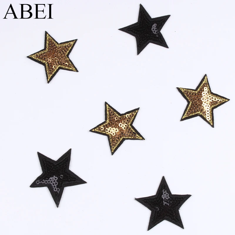 10pcs/lot Sequined Black Star Patch Iron On Stickers Embroidered Fabric Appliques DIY Sewing Garments Accessories Jeans Badge