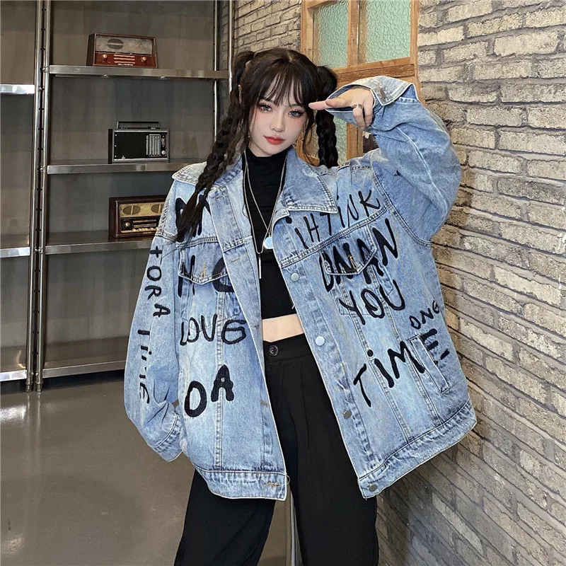 

Women Loose Letter Embroidery Denim Jacket Coat Female Harajuku Single-Breasted Turn Down Collar Jacket Outerwear
