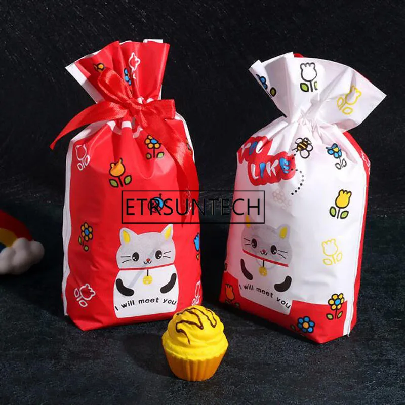 500pcs Cute Cat Candy Plastic Bag Food Grade Quality Drawstring Gift Bag Packaging For Sweets Cookie Bag Stand-up Pouches