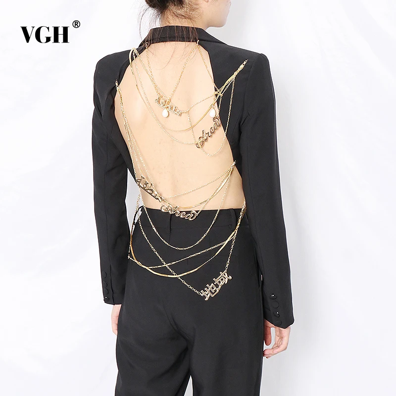 VGH Sexy Party Backless Blazer For Women Notched Long Sleeve Streetwear Patchwork Chains Slim Fit Coat Female 2025 Spring New