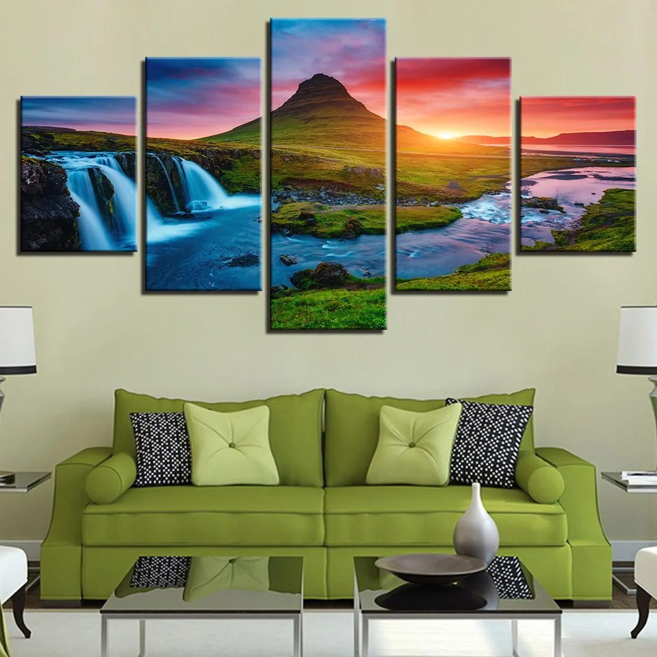 5 Pieces Wall Art Canvas Prints Pictures Beautiful Iceland Waterfall Paintings Green Mountain River Landscape Posters Home Decor