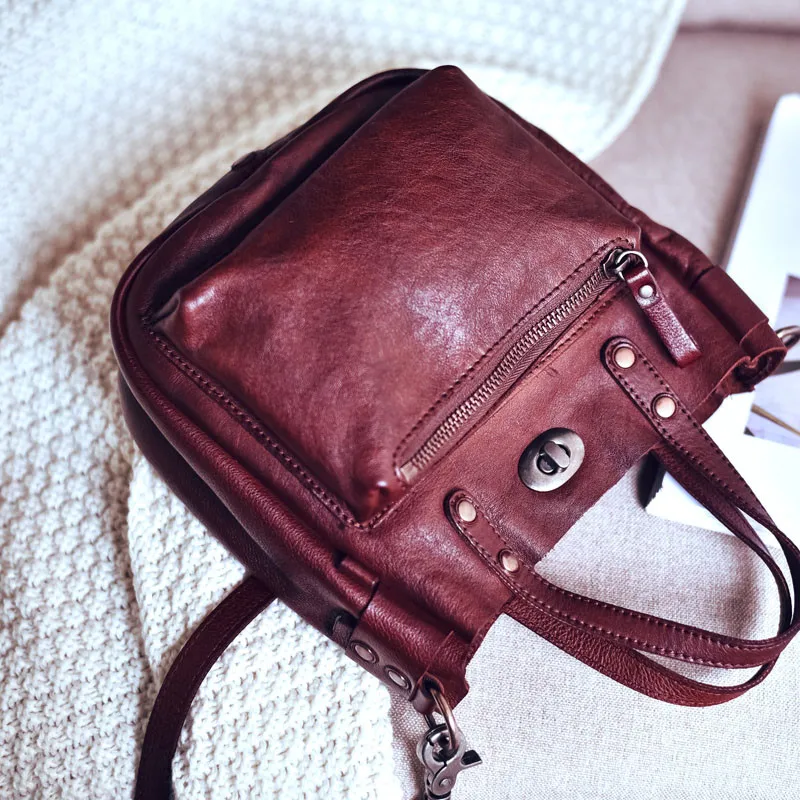 Vintage high-quality handmade Genuine leather kitty bag natural cowhide lock handbag soft leather shoulder messenger female bag