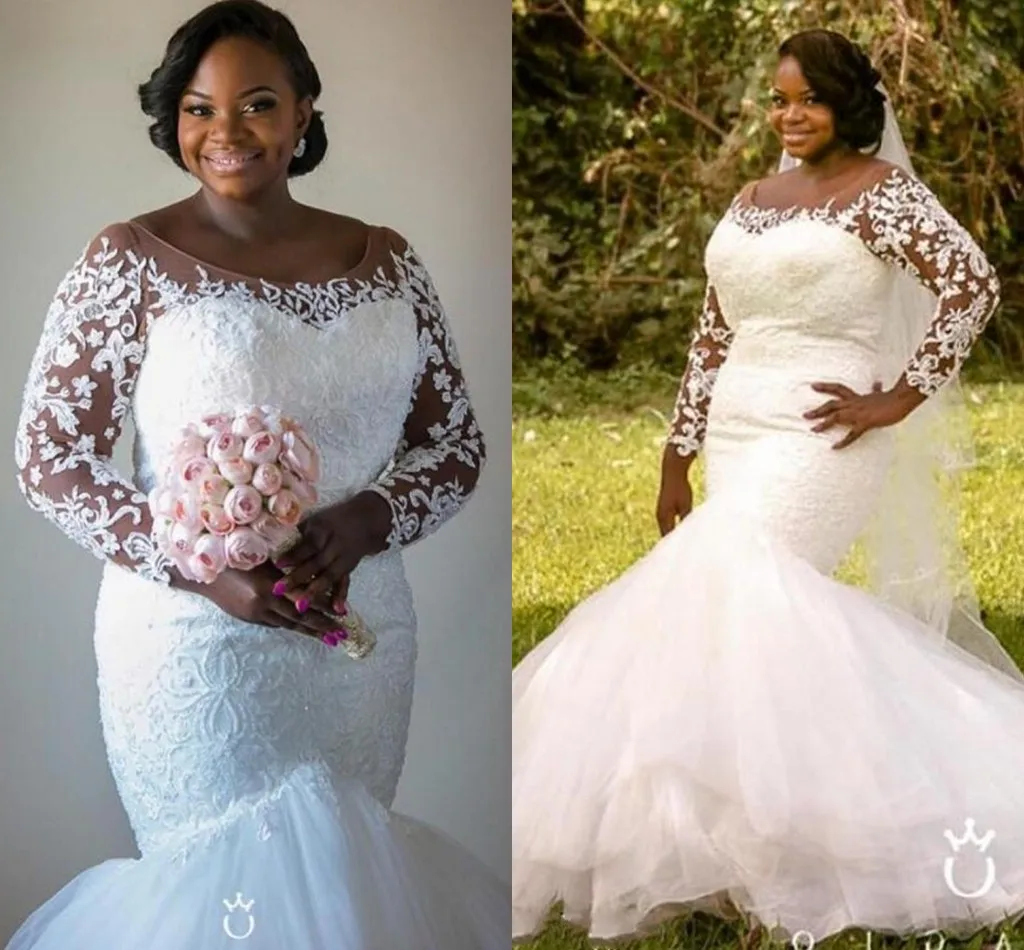 

2025 Wedding Dress Scoop Long Sleeves Beaded Vintage Lace Mermaid Plus Size Arabic Bride Gown Vestidos De Noiva Customized