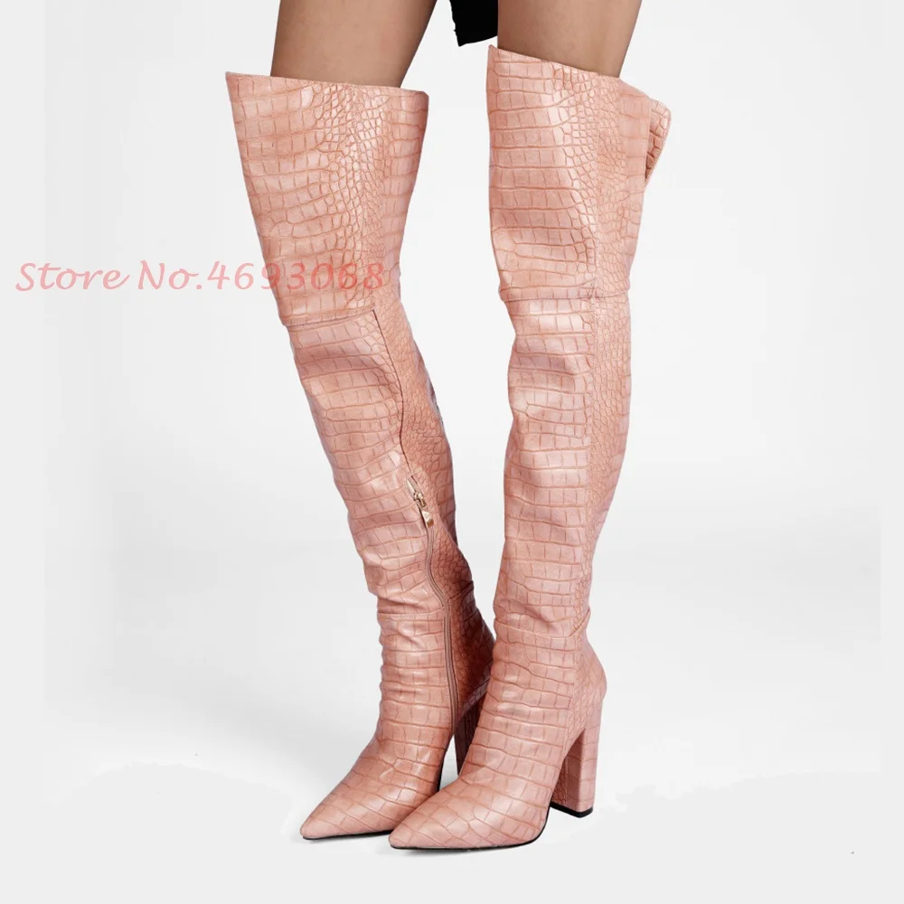 Pointed Toe Stone-Scale Above Knee Boots Leather Zipper High Quality High Block Heels 2022 Sexy Sewing Patchwork Women Shoes