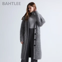 BAHTLEE-Women's Angora Long Cardigans, Wool Knitted Sweater, Mink Cashmere, V-Neck, Button Pocket, Thick, Keep Warm, Winter