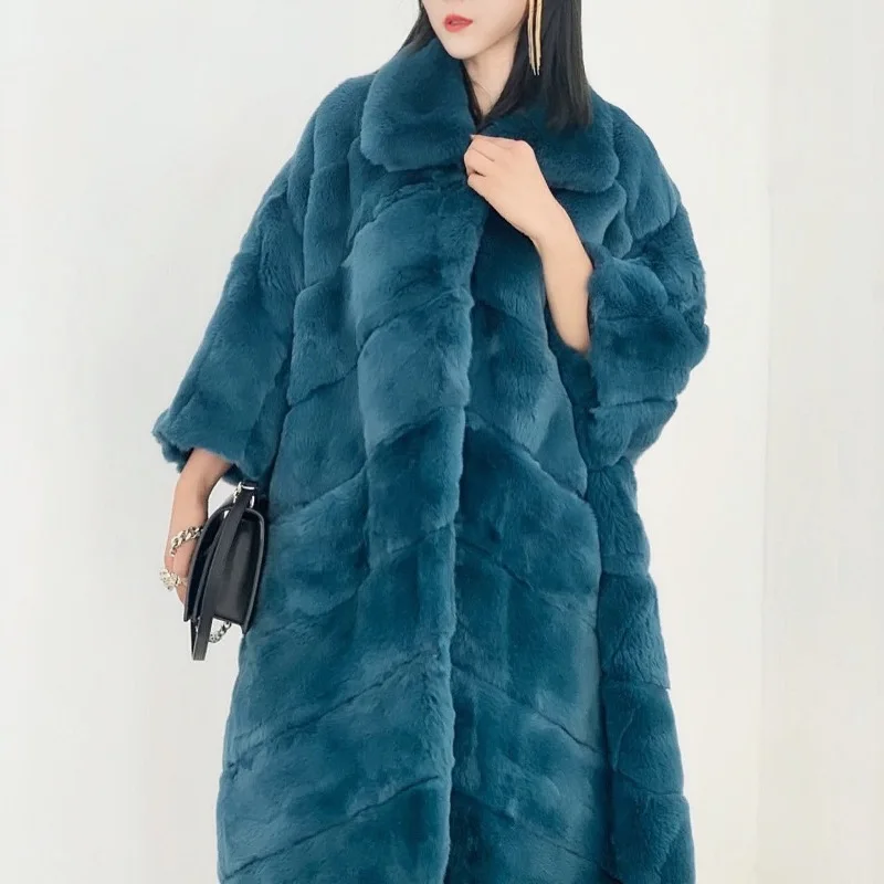 2022 New Women Real Rex Rabbit Fur Coats With Lapel Collar Natural Whole Skin Genuine Loose bat Rex Rabbit Fur Long Overcoat